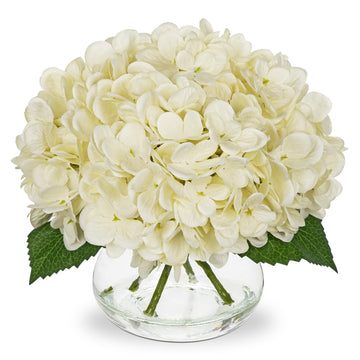 Ivory White Artificial with Glass Vase Green Silk Faux Arrangements in Vase with Faux Water Fake Floral Bulk Bouquet