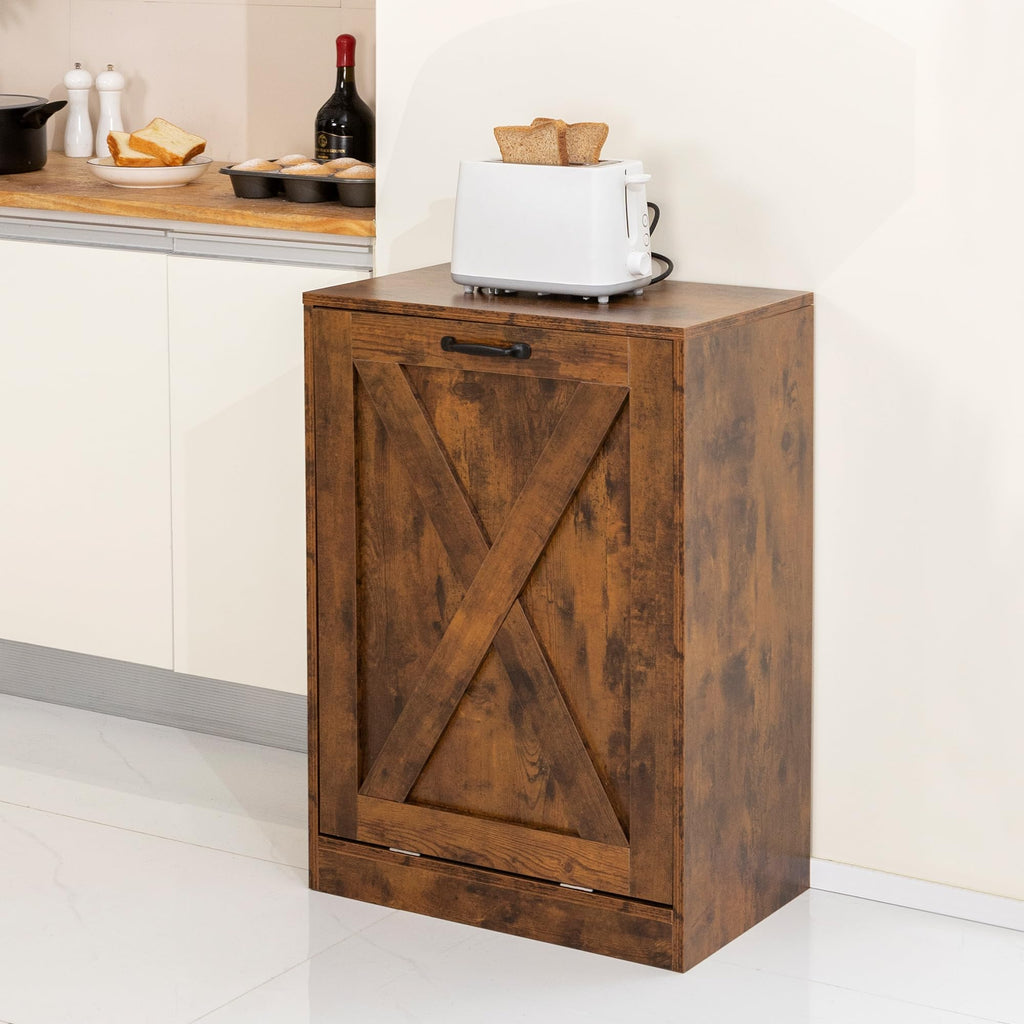 13 Gallons Tilt Out Trash Can Cabinet, Wooden Free Standing Kichen Waste Bin Recycling Cabinet Hidden Trash Cabinet