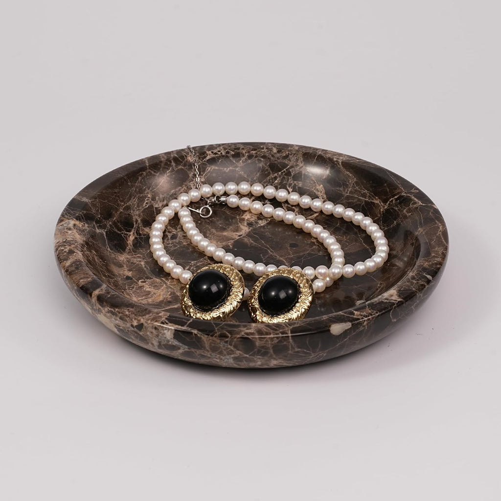Brown Marble Jewelry Tray - Stone Trinket Ring Key Purse Holder Dish, Small Cute Round Plate Decorative Bowl