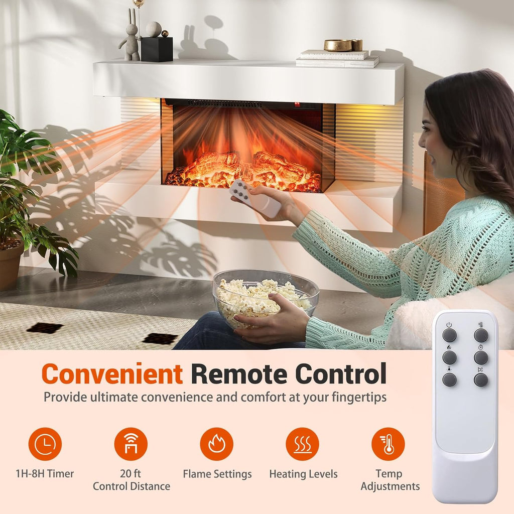 18-Inch Wall Mount Electric Fireplace with 32-Inch Floating Mantel, Remote, 3 Sided Electric Fireplace