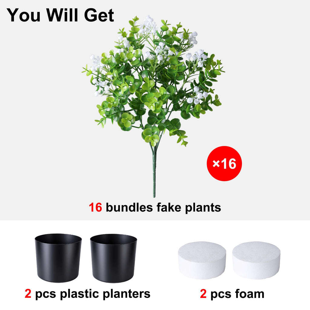 Fake Plants Artificial Flowers for Outdoors Decor, 2 Pack Fake Potted Plants Baby Breath With Green Eucalyptus Look