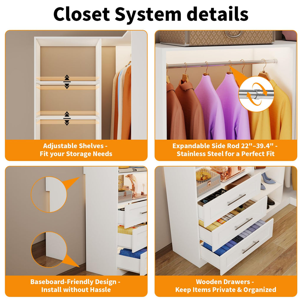 Closet System with 9 Drawers, Corner Closet Organizer Systems with 9 Shelves & 9 Hanging Rods L-Shaped Walk in Closet