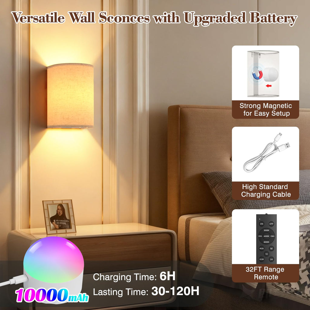 Battery Operated Rechargeable Wall Sconce Set of Two with 10000mAh Battery
