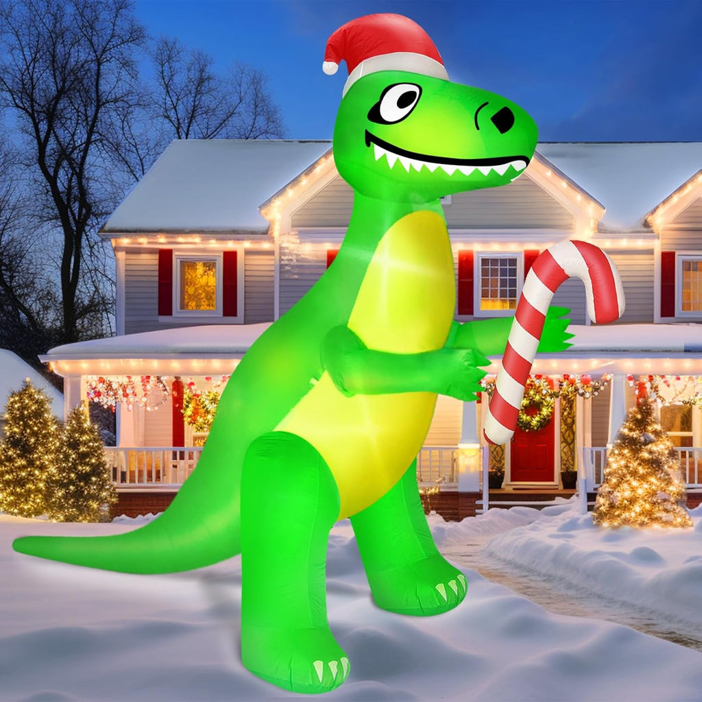 12 Ft L x10 Ft Ht Giant Christmas Inflatable Santa Dinosaur Candy Cane Build-in LED Lights Christmas Blow up Yard