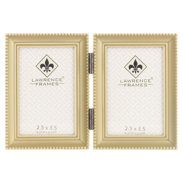 Brushed Brass Hinged Double 2.5x3.5 Picture Frame-Beaded Edge Design