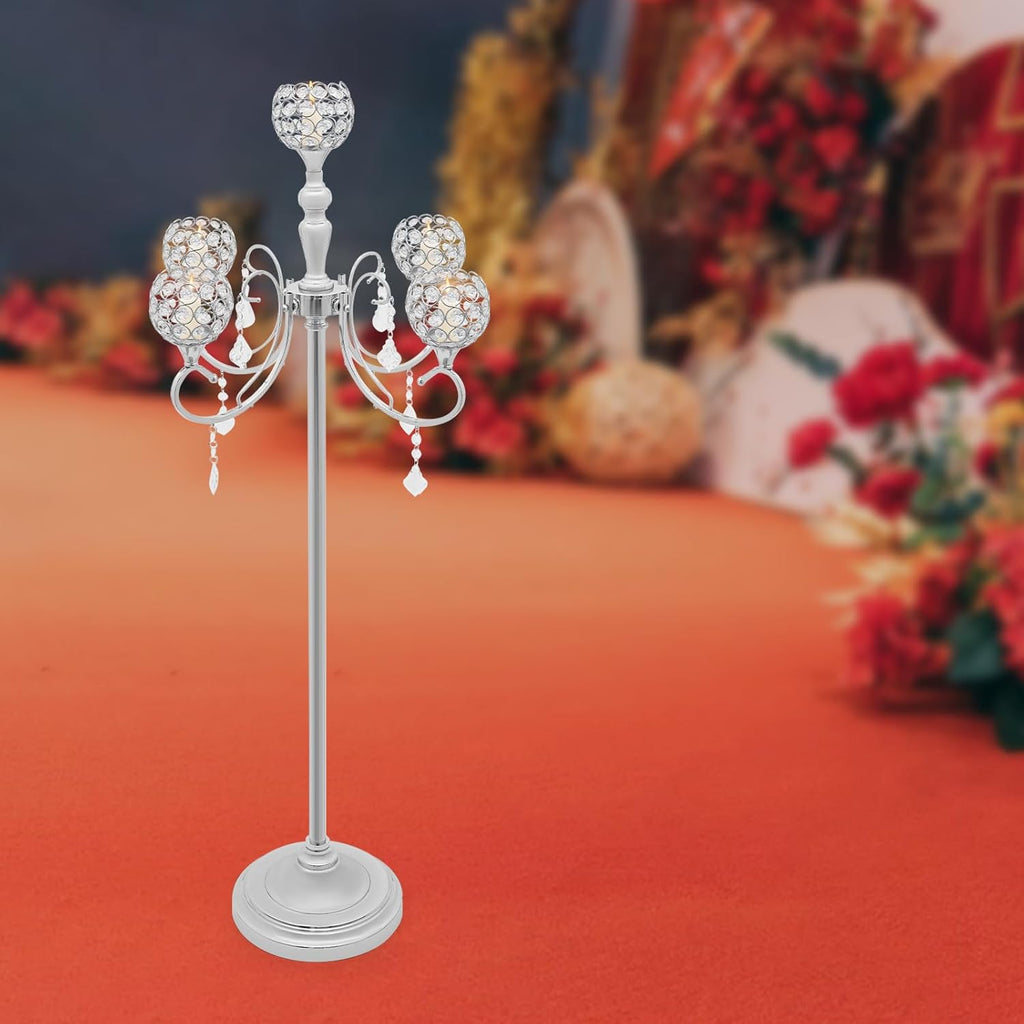 5 Arms Silver Floor Candelabra Centerpiece 49 inches Tall Crystal Beaded Candle Holders Wedding Centerpieces for