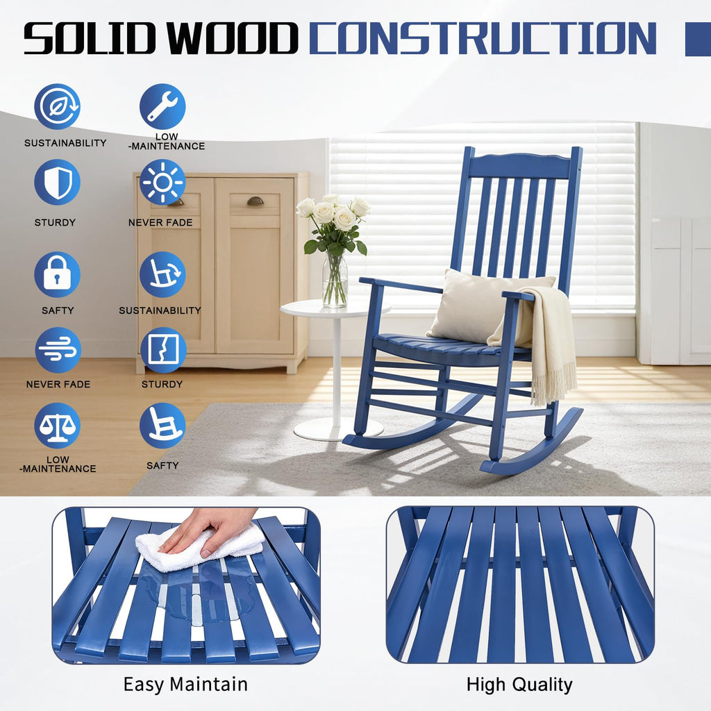 Outdoor Rocking Chair, Solid Wood High Back Rocker, All Weather Lounge Chair for Porch Patio Fire Pit Garden Backyard