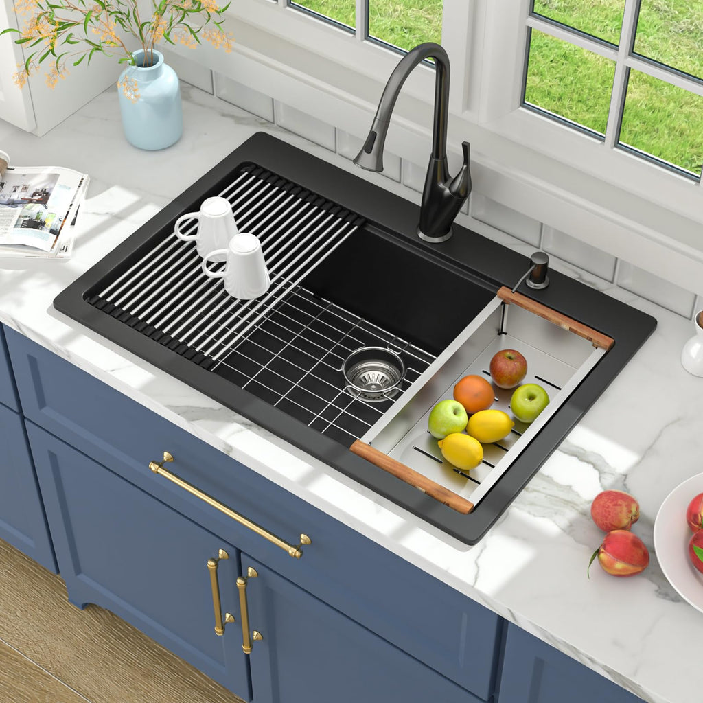 33 Granite Composite Drop In Black 33x22 Workstation Topmount Sink Matte Black Quartz Above Counter Single Bowl Sink