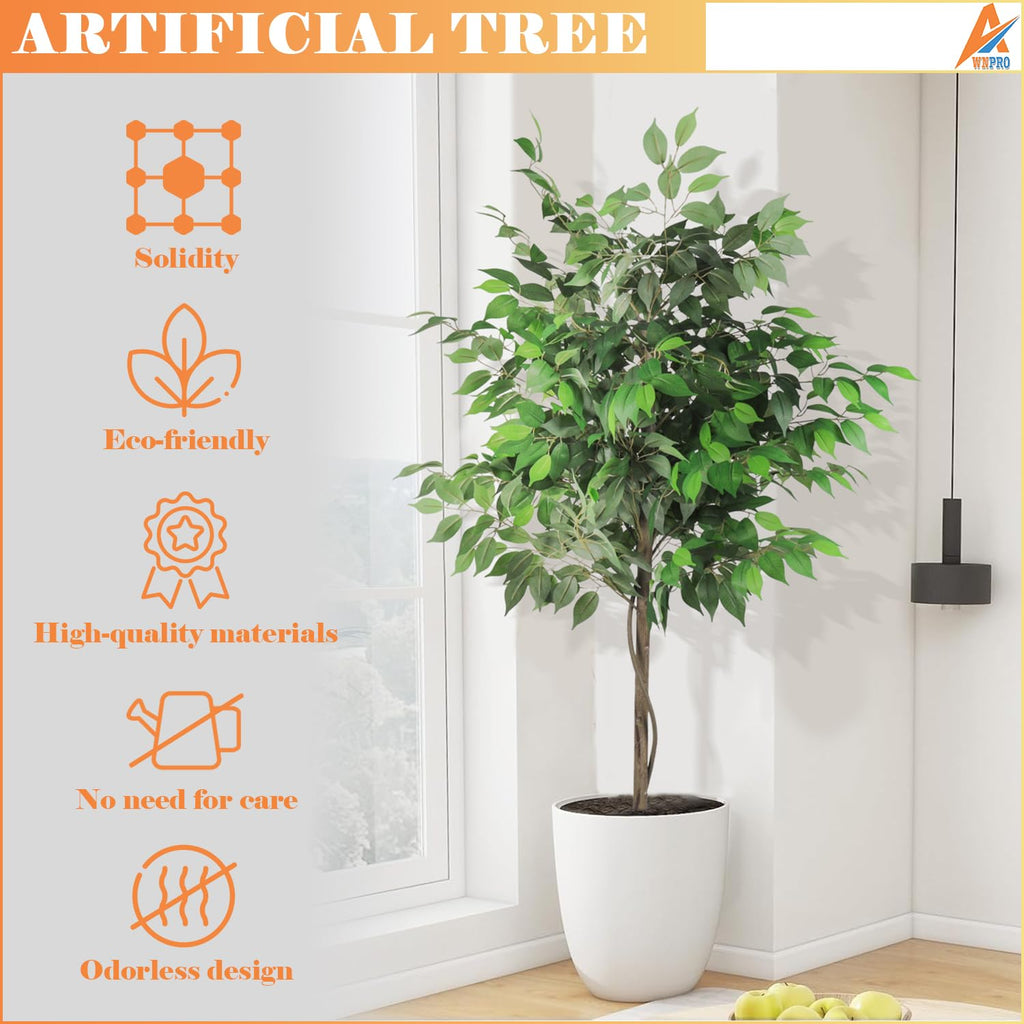 Indoor Artificial Ficus Tree, 5FT Tall Faux Ficus Tree, Artificial Plant with Natural Wood Trunk Decoration (1 Pack)