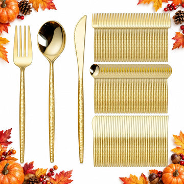 Gold Plastic Silverware, Gold Plastic Utensils, Heavy Duty Silverware, Includes:100 Knives, Forks and Spoons