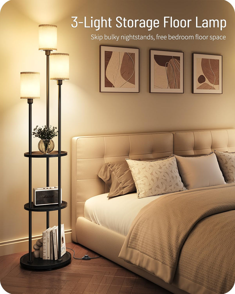 Floor Lamp with Shelves, 3-Light Floor Lamps, Modern Standing Lamp with Linen Shades and Foot Switch, 66.1'' Tall