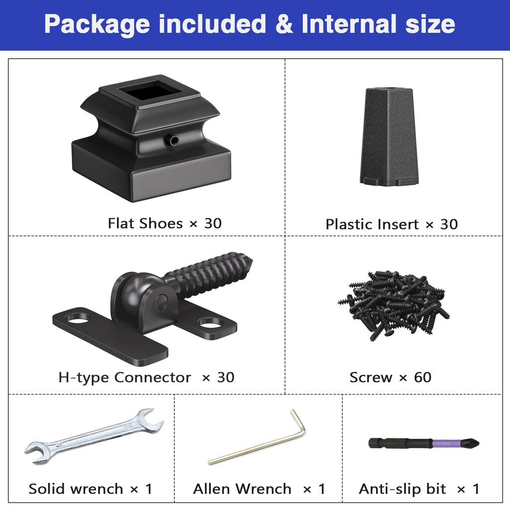 30-Pack Baluster Connectors with Flat Shoes Adjustable Height and Flat Connectors for 1/2'' Square Balusters for