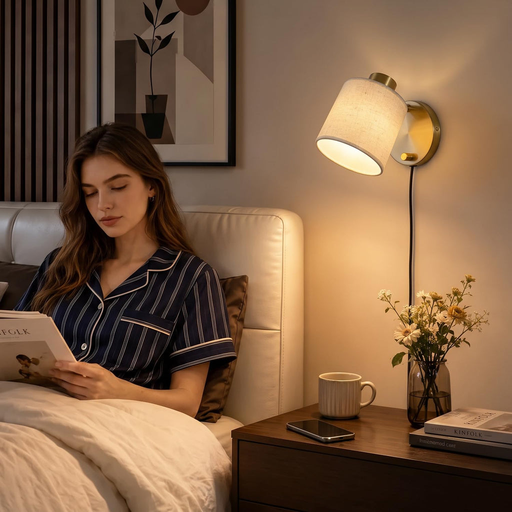 Plug-in Wall Sconce White Linen Shade Adjustable