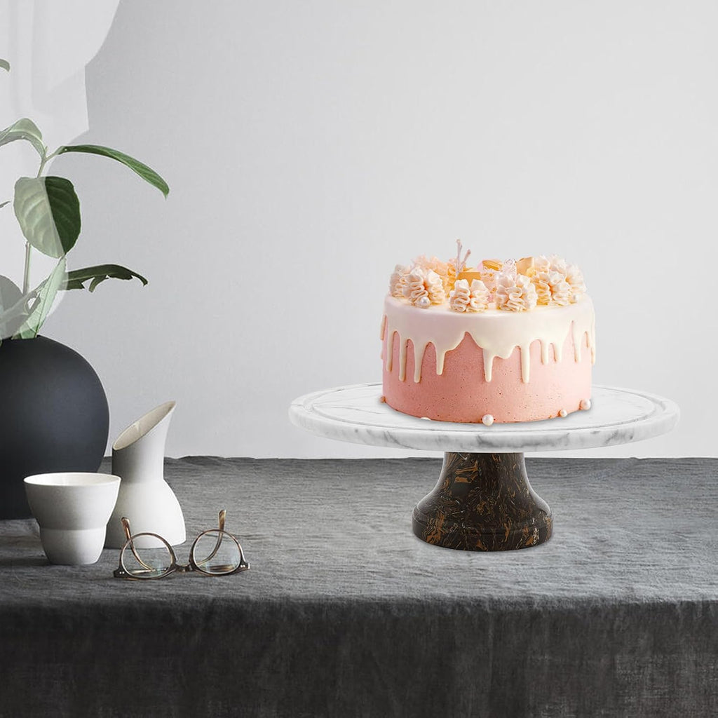 Marble Cake Stand with Dome Lid, 11.8In Diameter Groove Design 44LBS Bearing Nordic Polishing Marble Texture