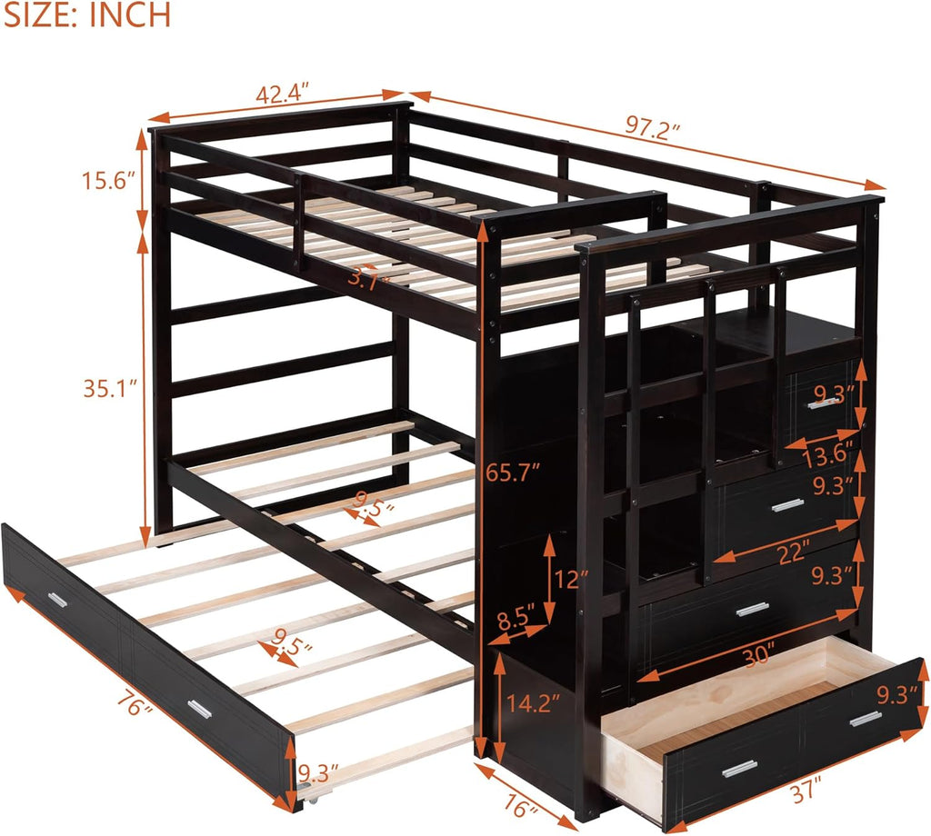 Twin Over Twin Bunk Bed with Stairs and Trundle, Wooden Bunk Bed Frame with Storage Staircase, Espresso