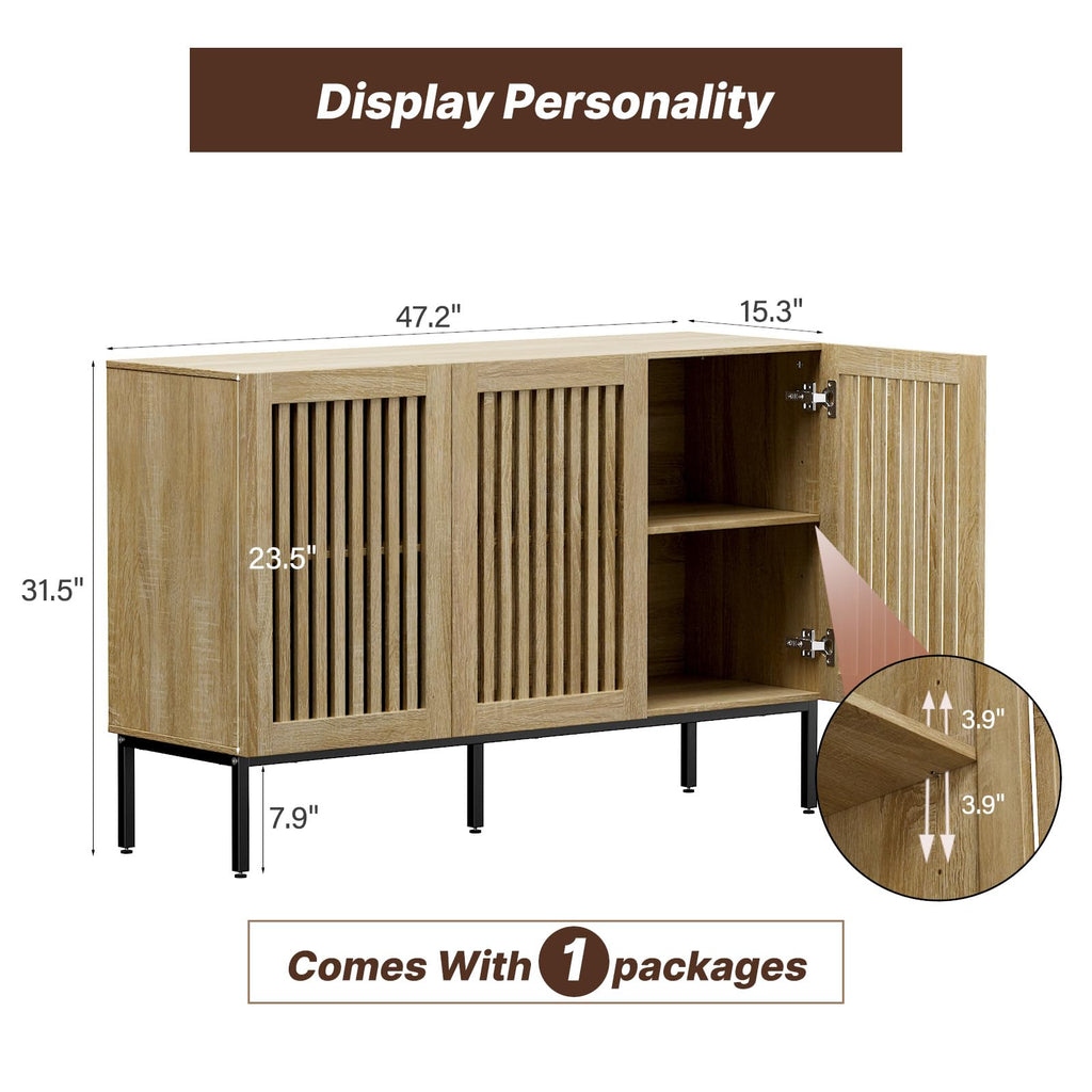 Buffet Cabinet with Storage, 47" Farmhouse Console Table with Metal Base and Adjustable Shelves, Sideboard Coffee Bar