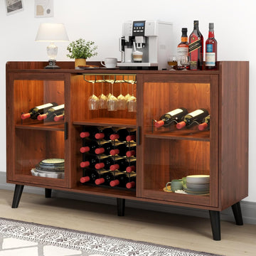 Wine Bar Cabinet with LED Light, Home Coffee Cabinet w/ Wine & Glass Holder | Kitchen Buffet Sideboard with Storage