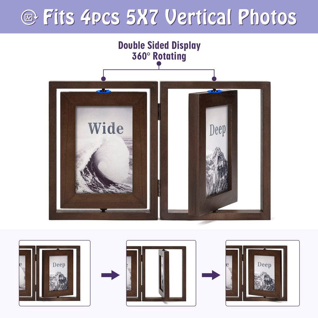 5x7 Picture Frame Rustic Wood Hinged Folding Double Photo Frame, Double Sided Display Rotatable High Definition Glass