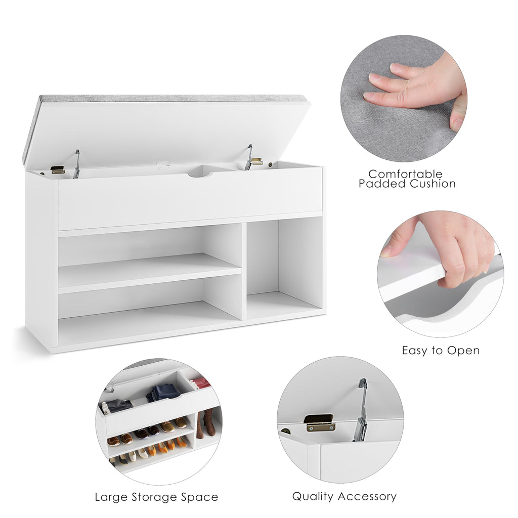 Shoe Storage Bench with Cushion, Entryway Bench with Lift-Top Storage Box and 2 Tiers Open Shoe Rack, Wooden Shoe