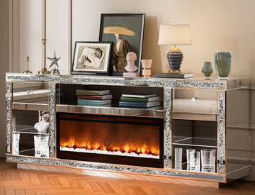 Mirrored TV Stand with Fireplace for 70 Inch TVs with Glass Shelves
