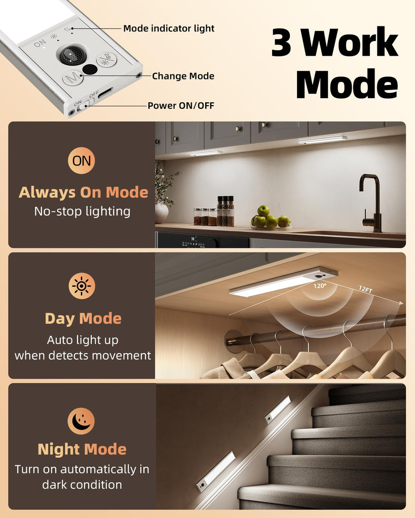 14.5inch Under Cabinet Lighting, 2 Pack 3500mAh Rechargeable Motion Sensor Light Indoor with 3 Color Temperatures