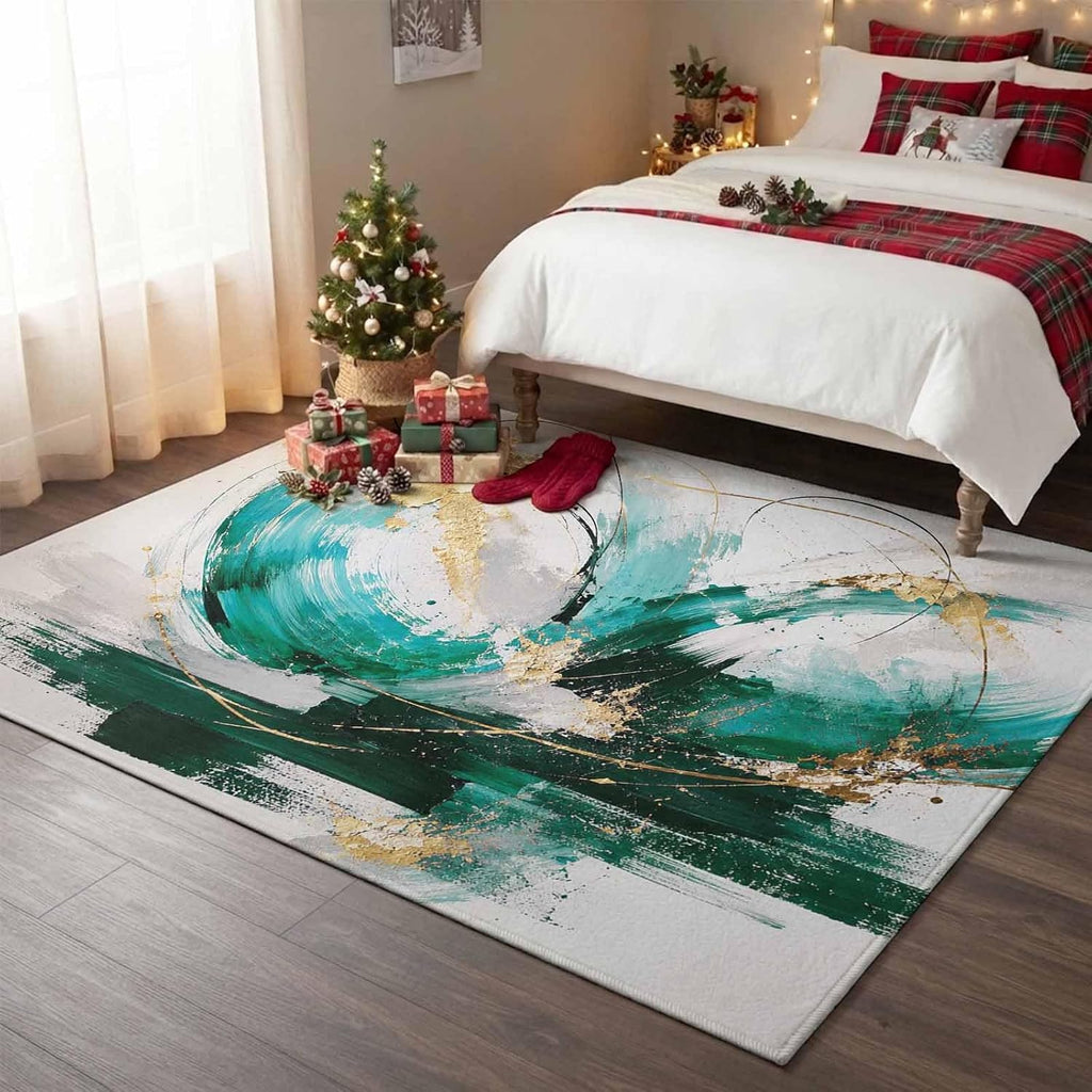 Green Gold Waves Rectangle Area Rug Modern Abstract Minimalist Art Lines Brushstroke Washable Indoor Carpet, Non‐Slip