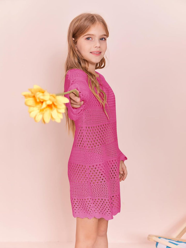 Girls Crochet Long Sleeve Swimsuit Cover Up Kids Fashion Hollow Out Swimwear Beach Dress