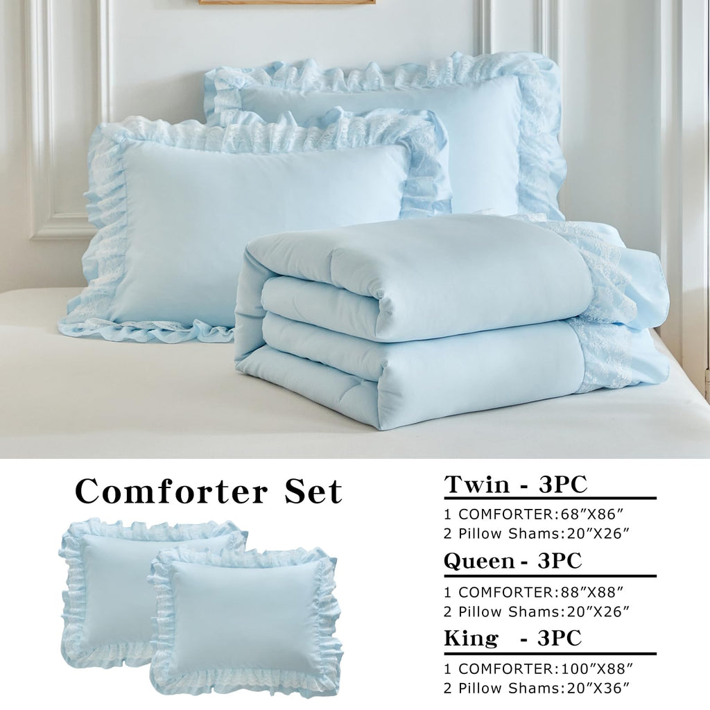 King Size Comforter Set Blue, 3pcs Lace Ruffled Bedding Comforter Set, Microfiber Vintage Boho Chic Bedding Set for