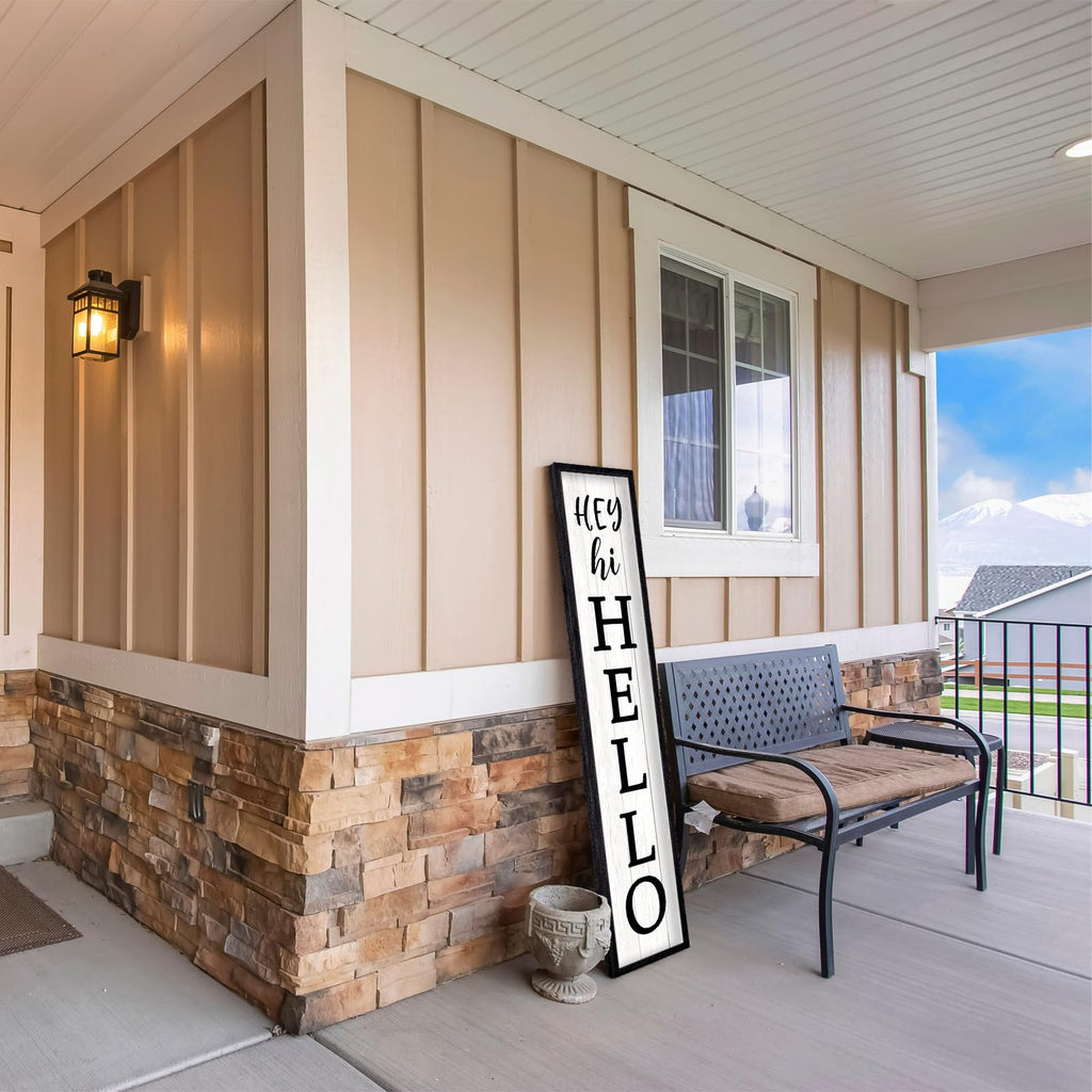 Hey Hi Hello Welcome Sign For Front Porch Standing 45"X9" Large Outdoor Tall Wood Frame Vertical Wall Decor Rustic