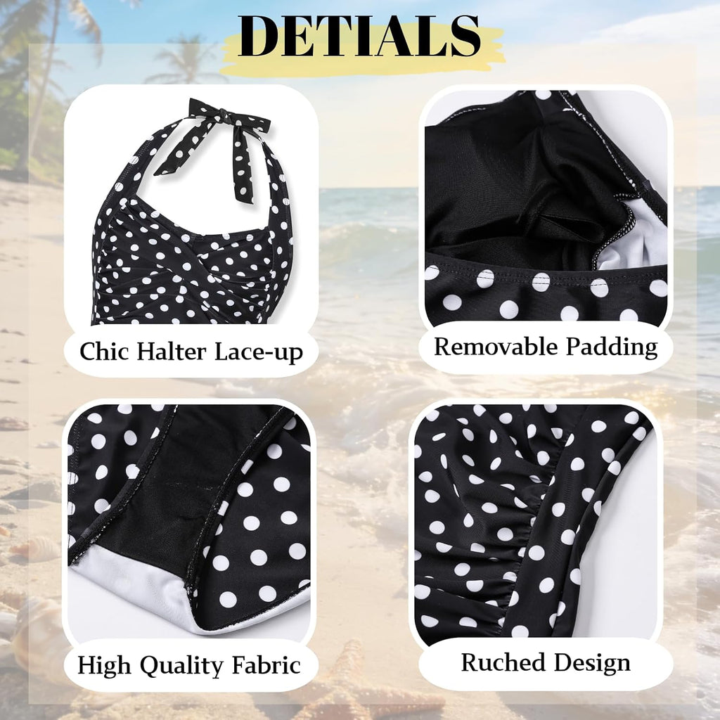 Teen Girls Swimsuits Halter Neck Polka Dots Two Piece Cover Up Skirt Bathing Suit Swimwear