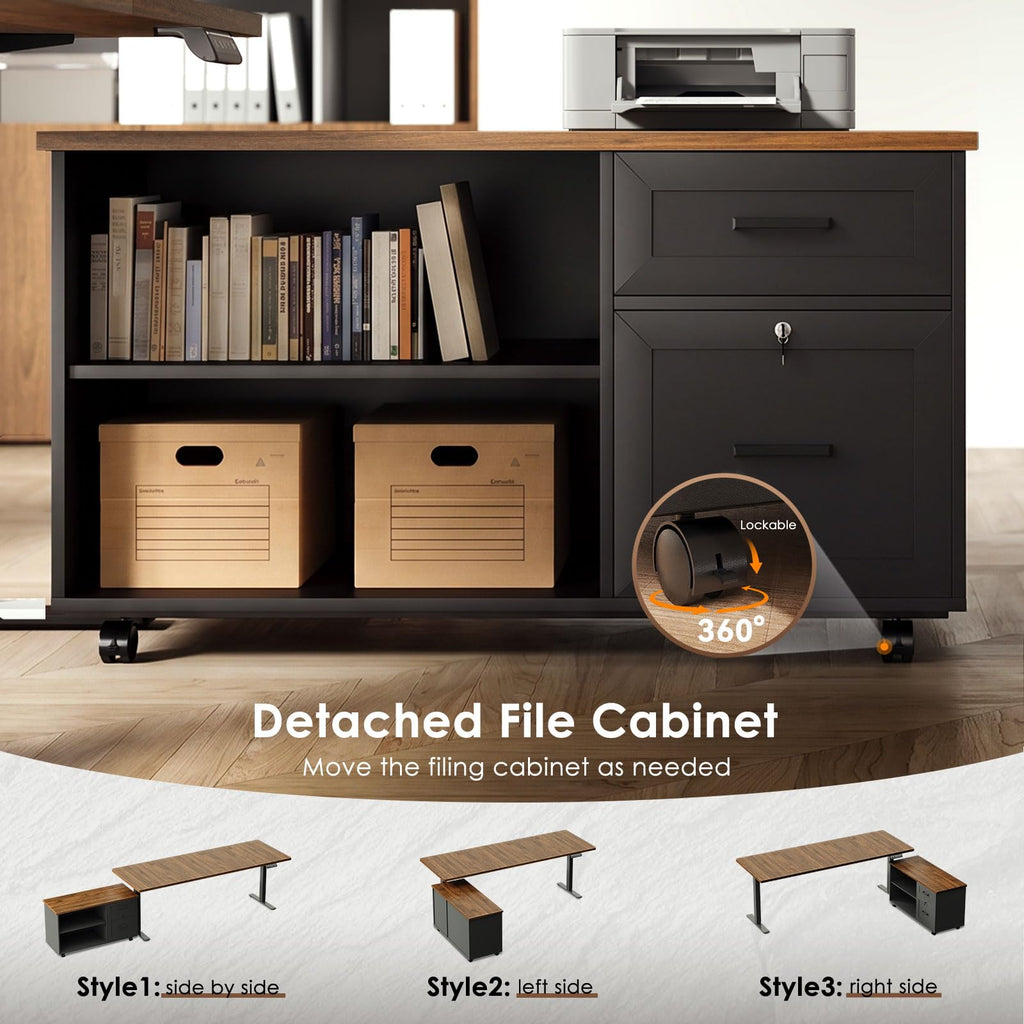 71" L Shaped Electric Standing Desk with Cabinet Sets, Walnut/Black
