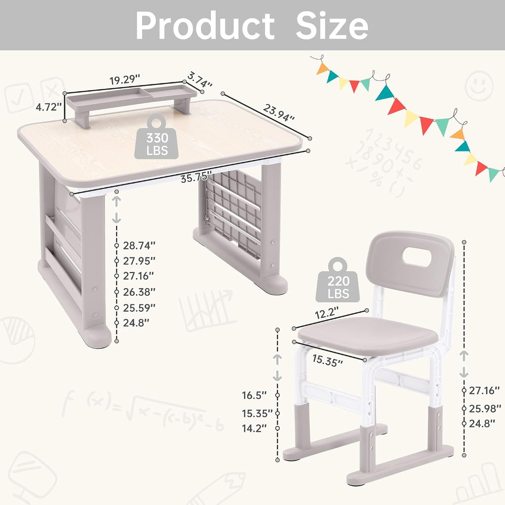 Kids Desk and Chair Set, Height Adjustable Childrens Study Desk, Graffiti Table for 3-12 Years, Kids Art Table