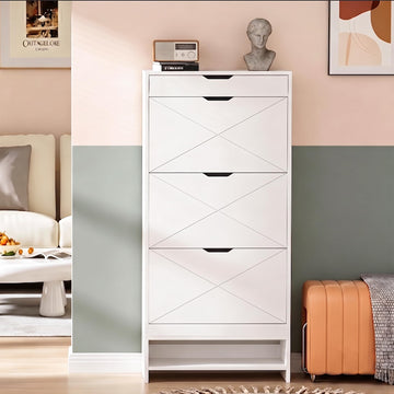 White Slim Shoe Cabinet with 3 Flip Drawers, up to 21 Pairs of Shoes