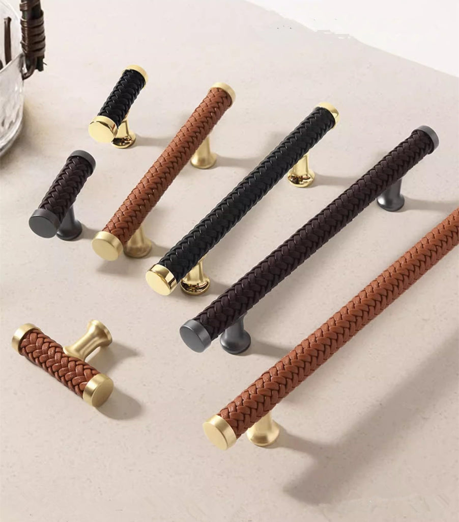 7.55" Black Braid Leather Drawer Pulls Handles Brushed Brass Cabinet Pulls Handles Unique Dresser Knob (Orange