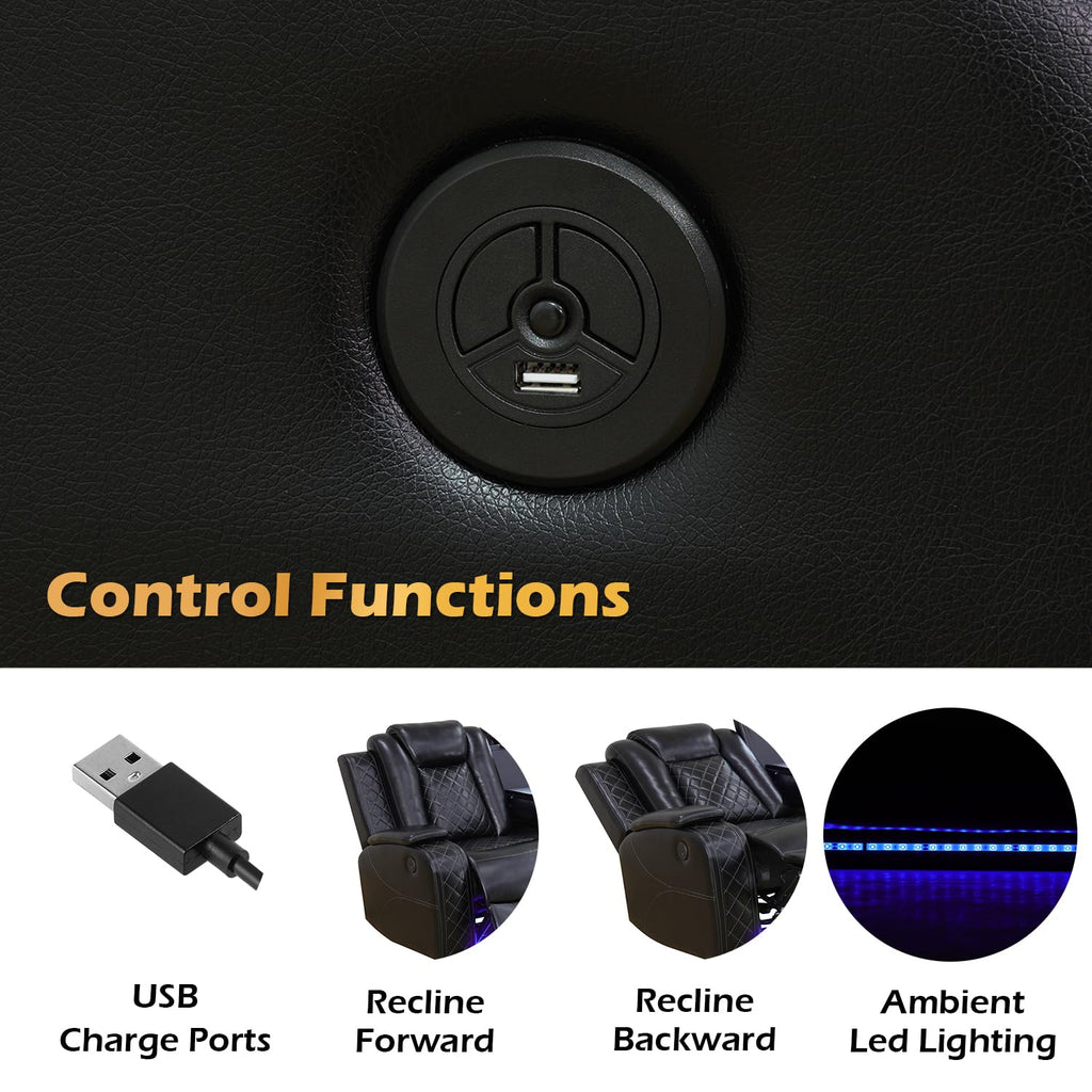 Black Leather Power Reclining Sectional Sofa, Sectional Couch with Recliner, L Shaped Recliner Sofa with LED Light/Read