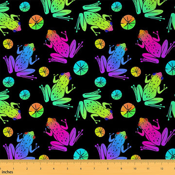 Frog Fabric By The Yard, Kawaii Decor Upholstery Fabric for Chairs, Tropical Amphibian Animal Print Fluorescent Style