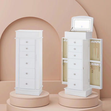 Jewelry Cabinet with LED Mirror and 6 Drawers, White