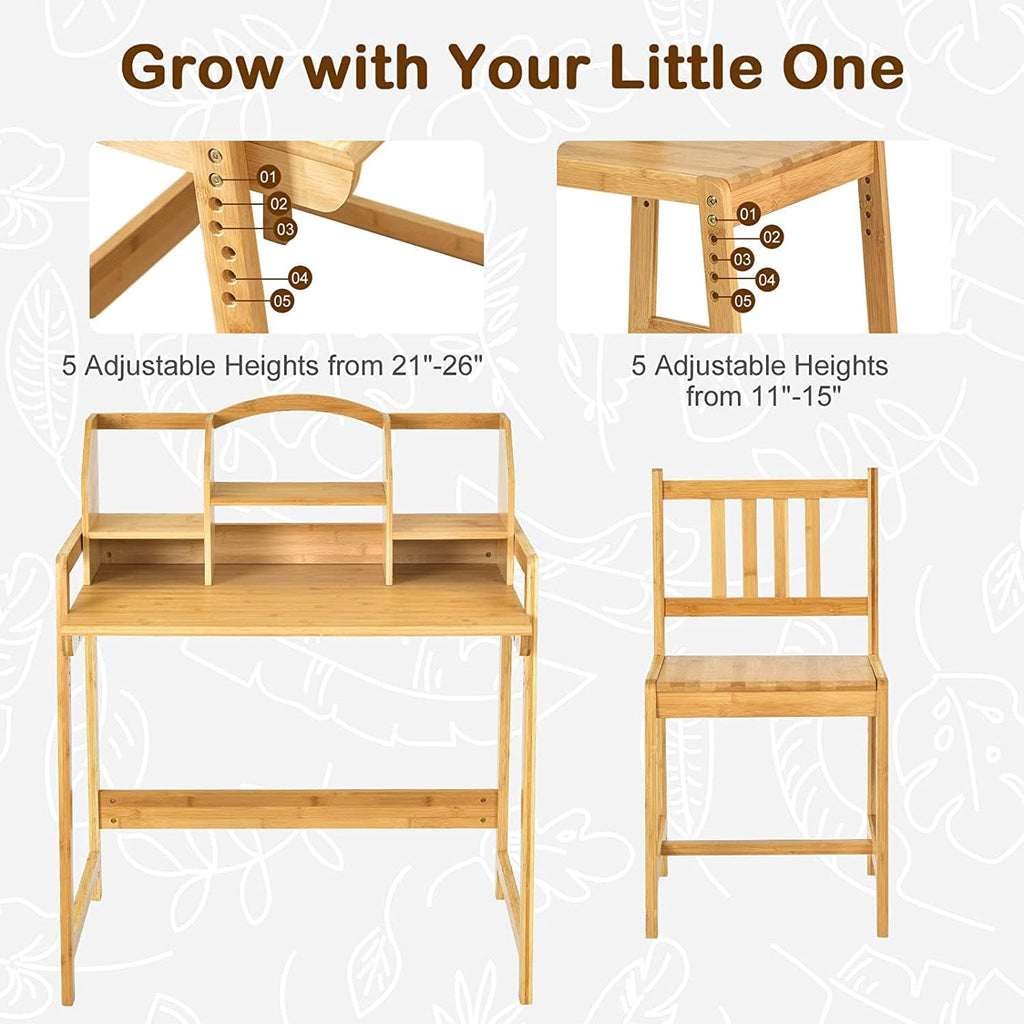 Kids Desk and Chair Set, Height Adjustable Bamboo Study Desk with Storage Hutch and Bookshelf, Wooden Writing Table
