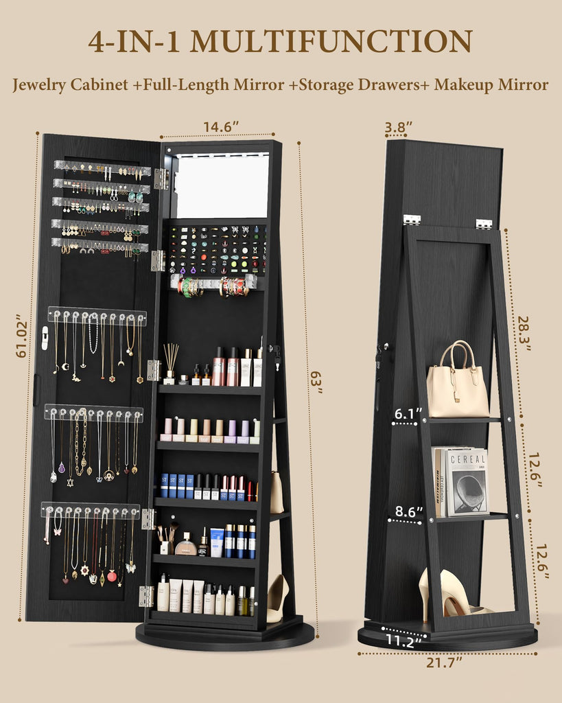 6 LEDs Jewelry Armoire with Frameless Full-Length Mirror, Black
