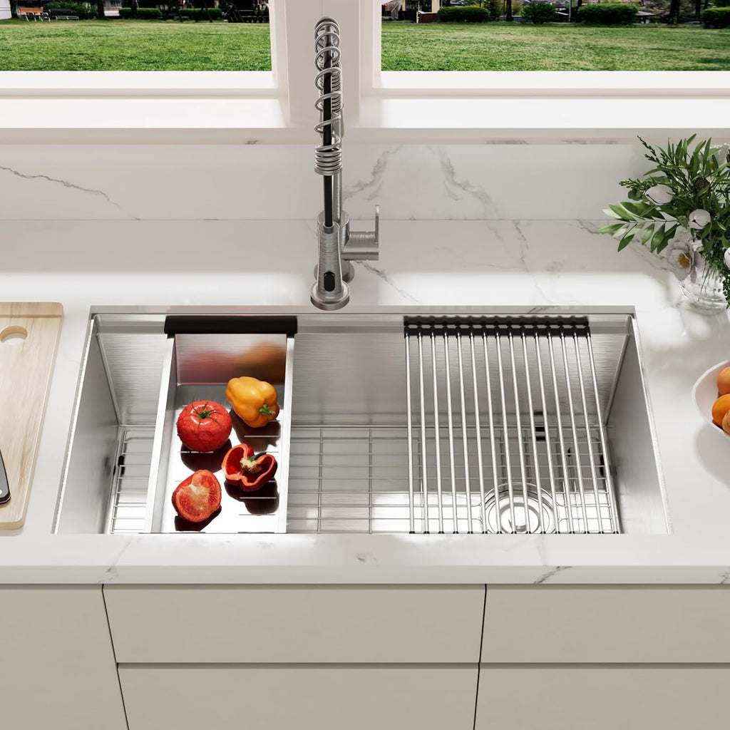 33 Inch Kitchen Sinks Undermount - 33" x 19" Stainless Steel Undermount Workstation 16 Gauge Single Bowl Deep Under