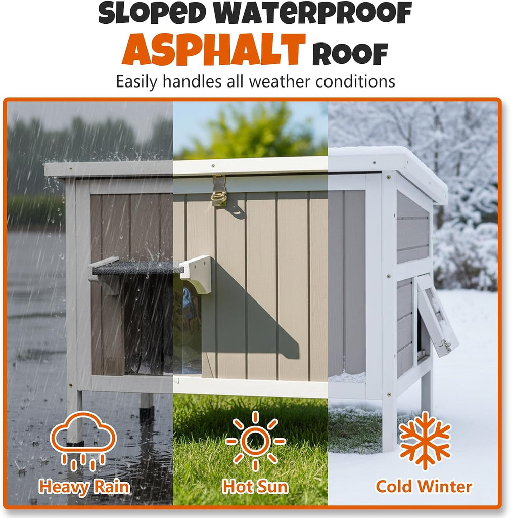 Outdoor Elevated Cat House for 1-2, Weatherproof Wooden Cat Shelter with PVC Ventilated Curtain, Dual Escape Doors