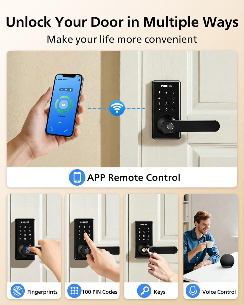 Upgraded Wi-Fi Smart Lock with Handle, Keyless Entry Door Lock, Smart Door Knob, Fingerprint Unlock, App Remote