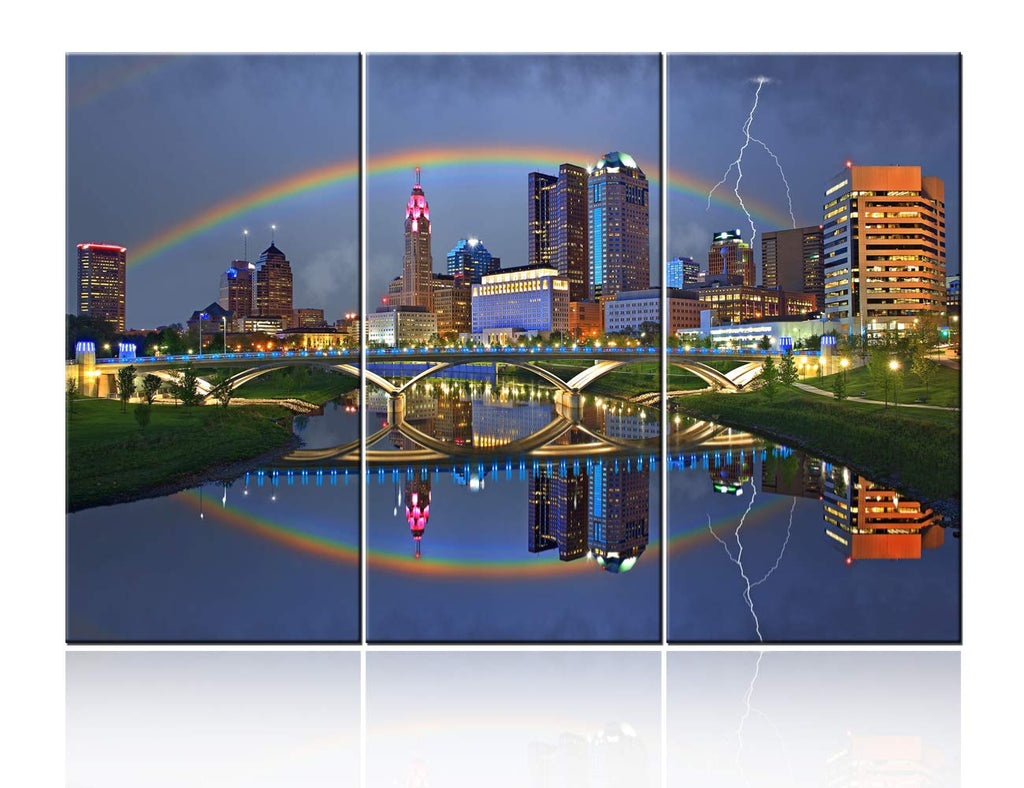 Wall Canvas Print Columbus Ohio Skyline with a Rainbow, Lightning Bolt, and City Lights Reflecting onto the Scioto