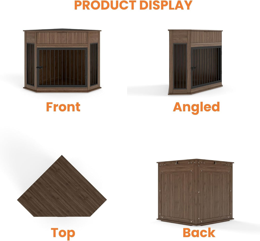 Corner Dog Crate Furniture, Wooden Dog Kennel Furniture for Small Medium Dog, Indoor Dog Cage with Fluted Drawer