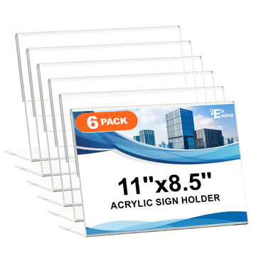 6 Pack 8.5 x 11 Acrylic Sign Holder Horizontal, Clear Plastic Signs Display Stand, Slanted Back Paper Holder Stand up