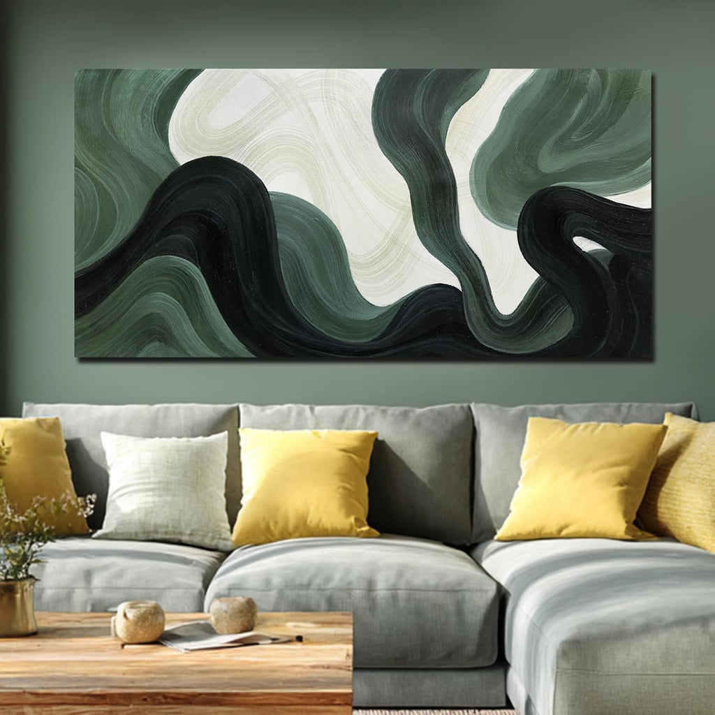 Modern Green Abstract Canvas Wall Art Fluid Wave Style Canvas Print in Dark Green Black and Beige Oversized Wall