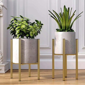 Adjustable Metal Plant Stand Indoor, Fits 8-14 Inch Pots, Mid Century Modern Gold Planter Holder, 2 Heights, Heavy