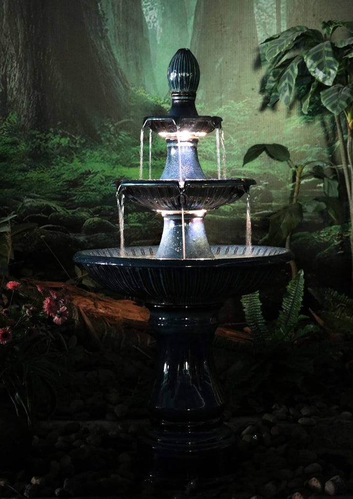 Formentera 46" High Large Italian Indoor Outdoor Decor Teal Blue Ceramic Floor Fountain with Light LED Waterfall