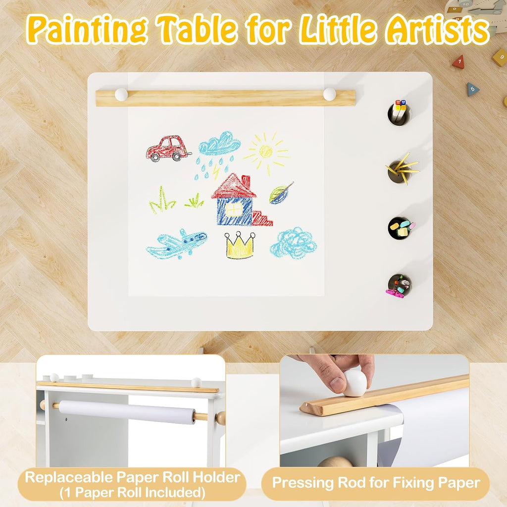 White Kids Table and Chair Set, Wooden Arts and Crafts Activity Table w/Paper Roller, 4 Paint Cups & Storage Shelves