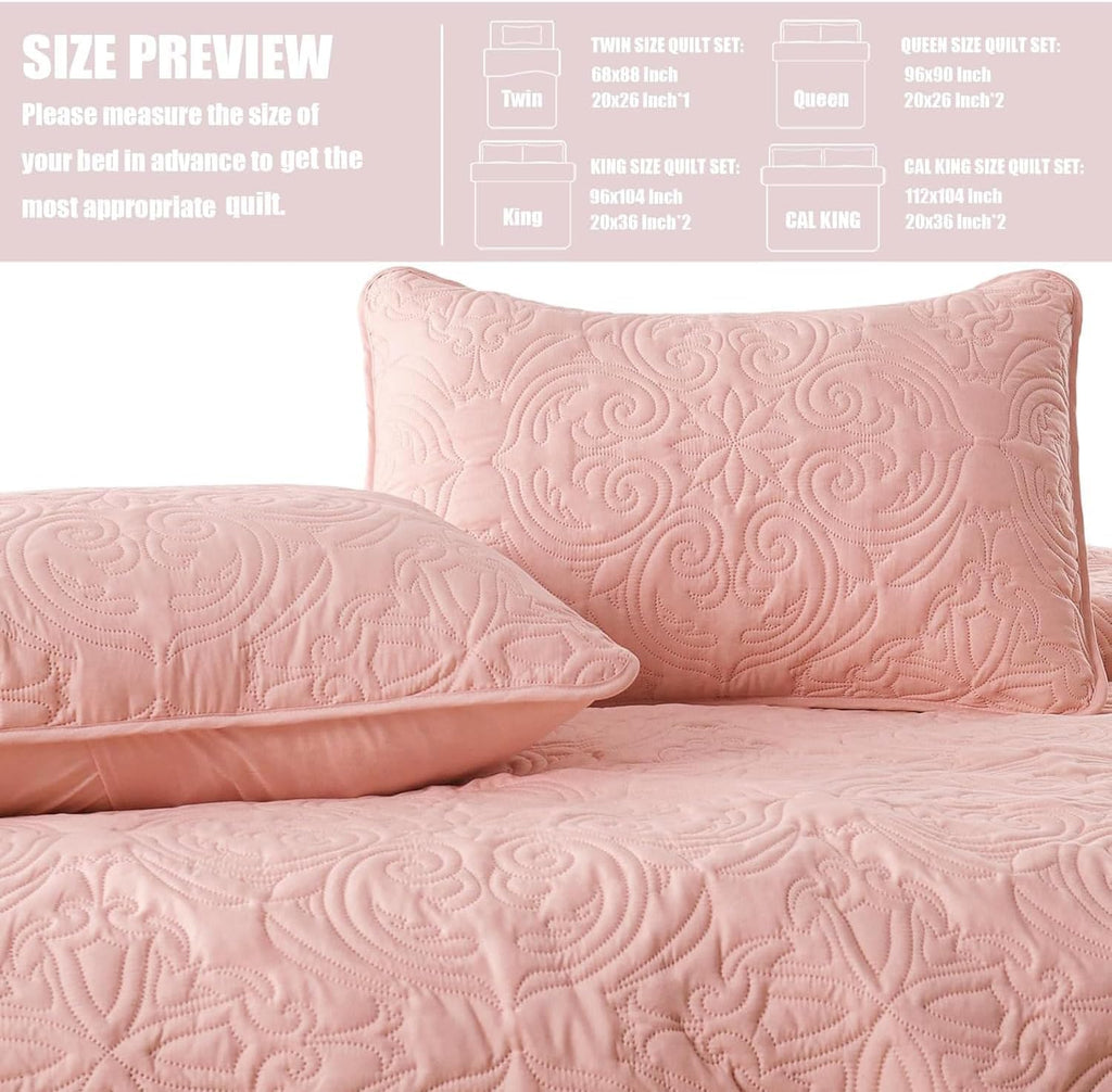 Quilts Queen Bedding Set with 2 Pillow Shams, Lightweight Blush Pink Full Queen Quilt Bedspread with Vintage Damask